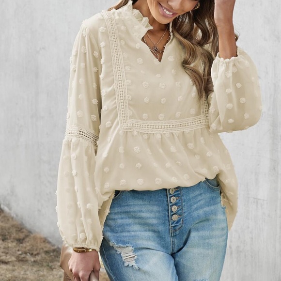 boho v neck swiss dot lace detail blouse Sage - Picture 4 of 10